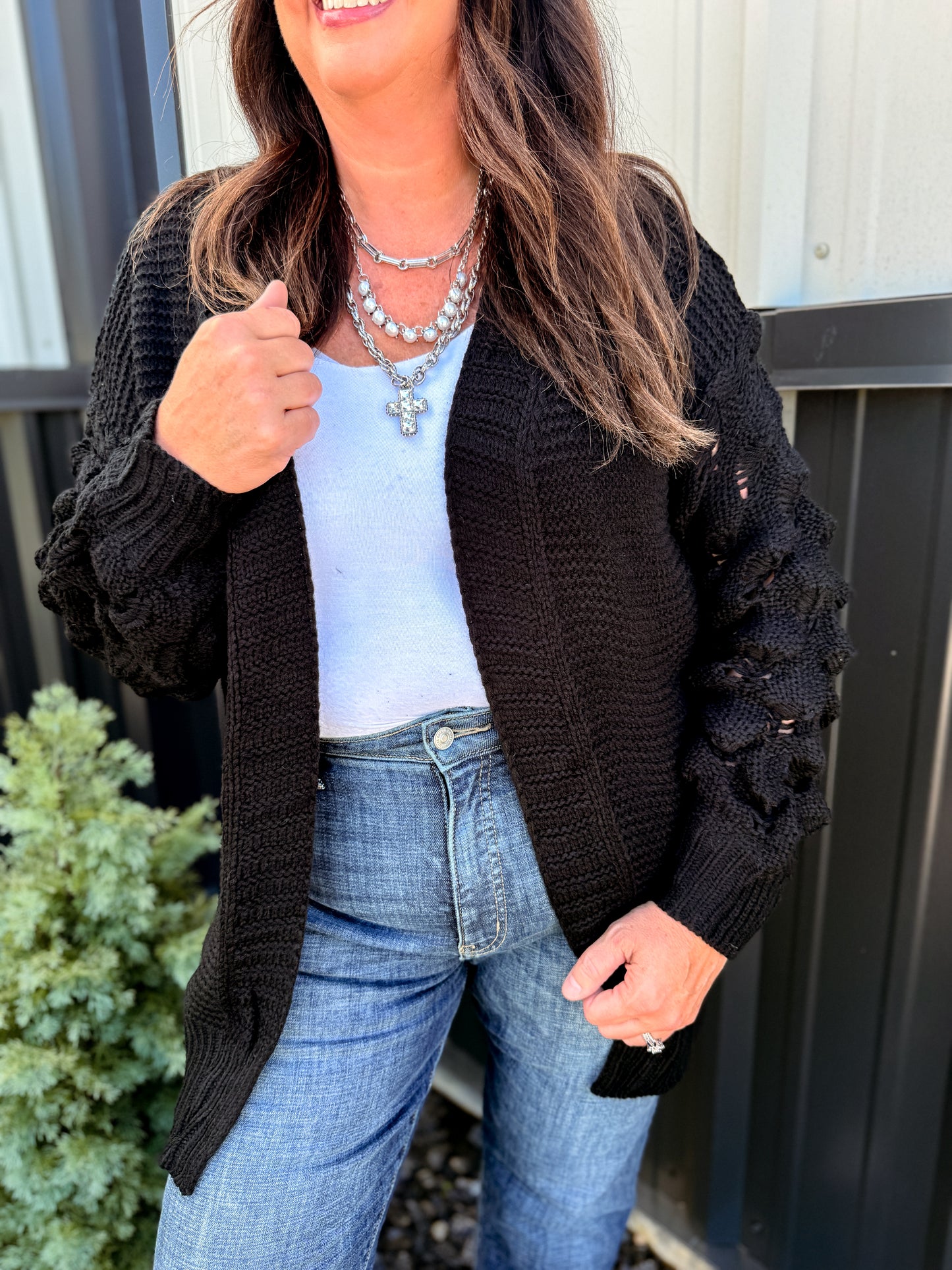 Casual Bubble Crochet Sleeve Chunky Knitted Cardigan