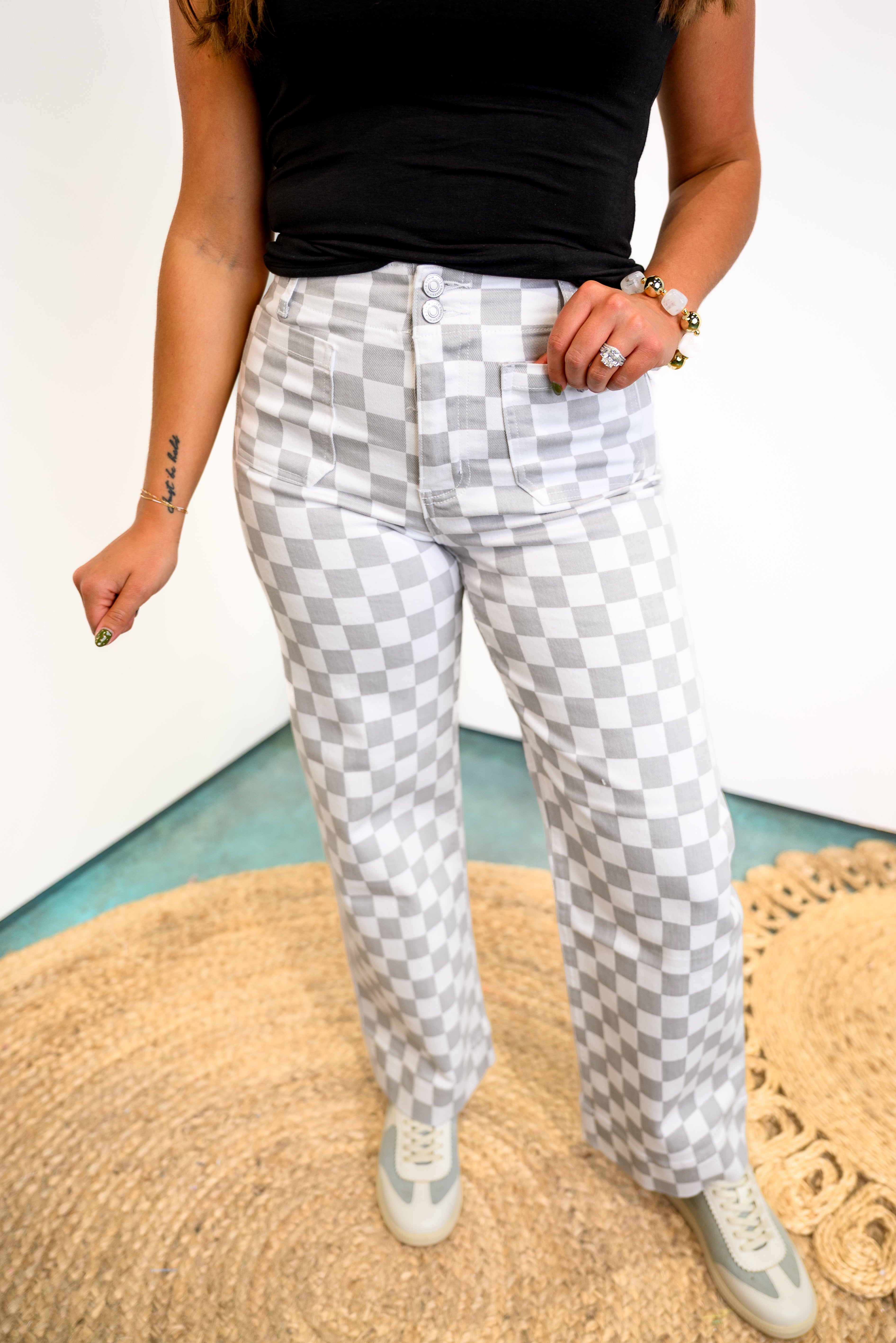 Check Mica Wide Leg Ankle Jeans