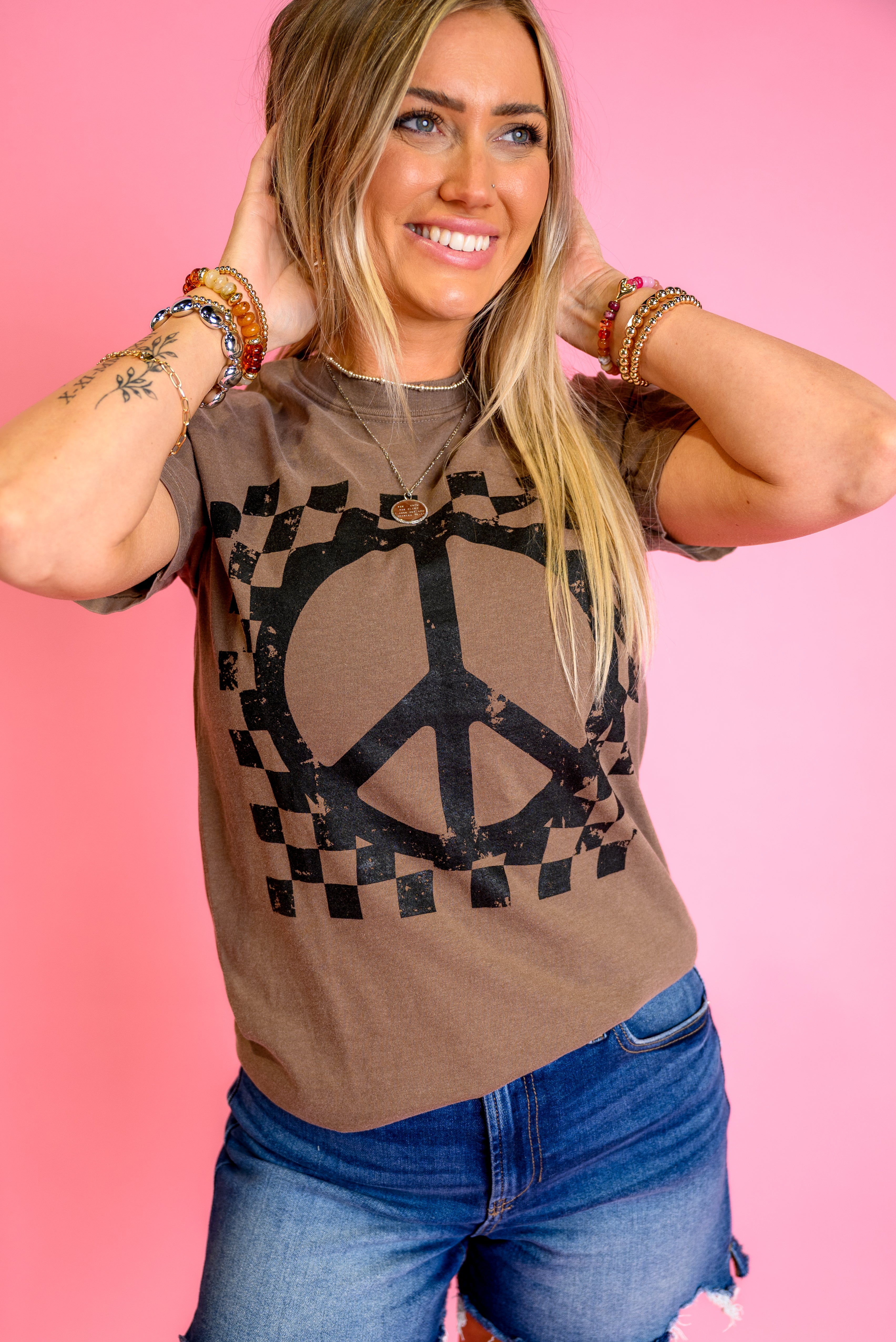 Checkered Peace Sign Graphic Top