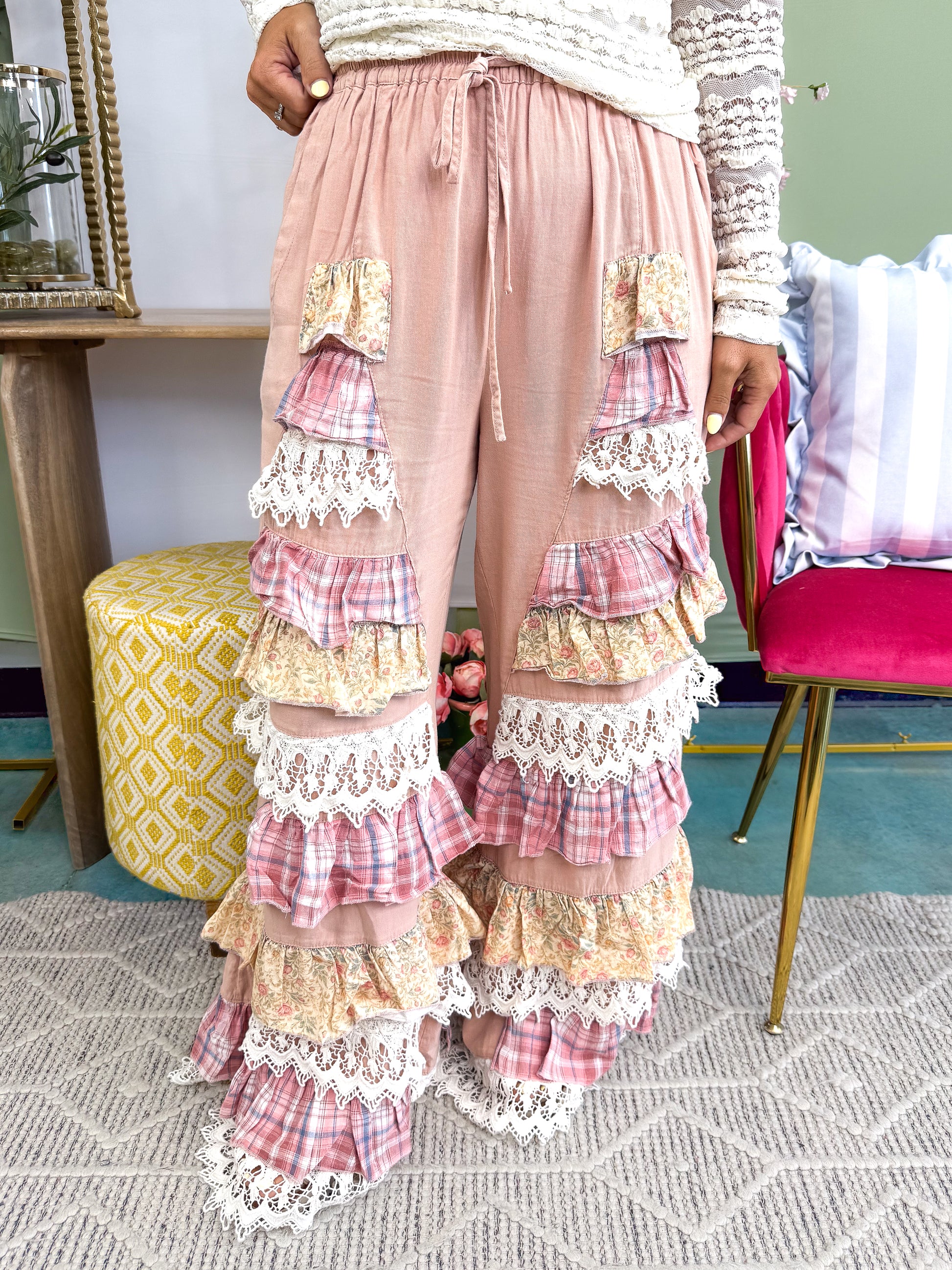 Cinched Ruffle Hem Pants