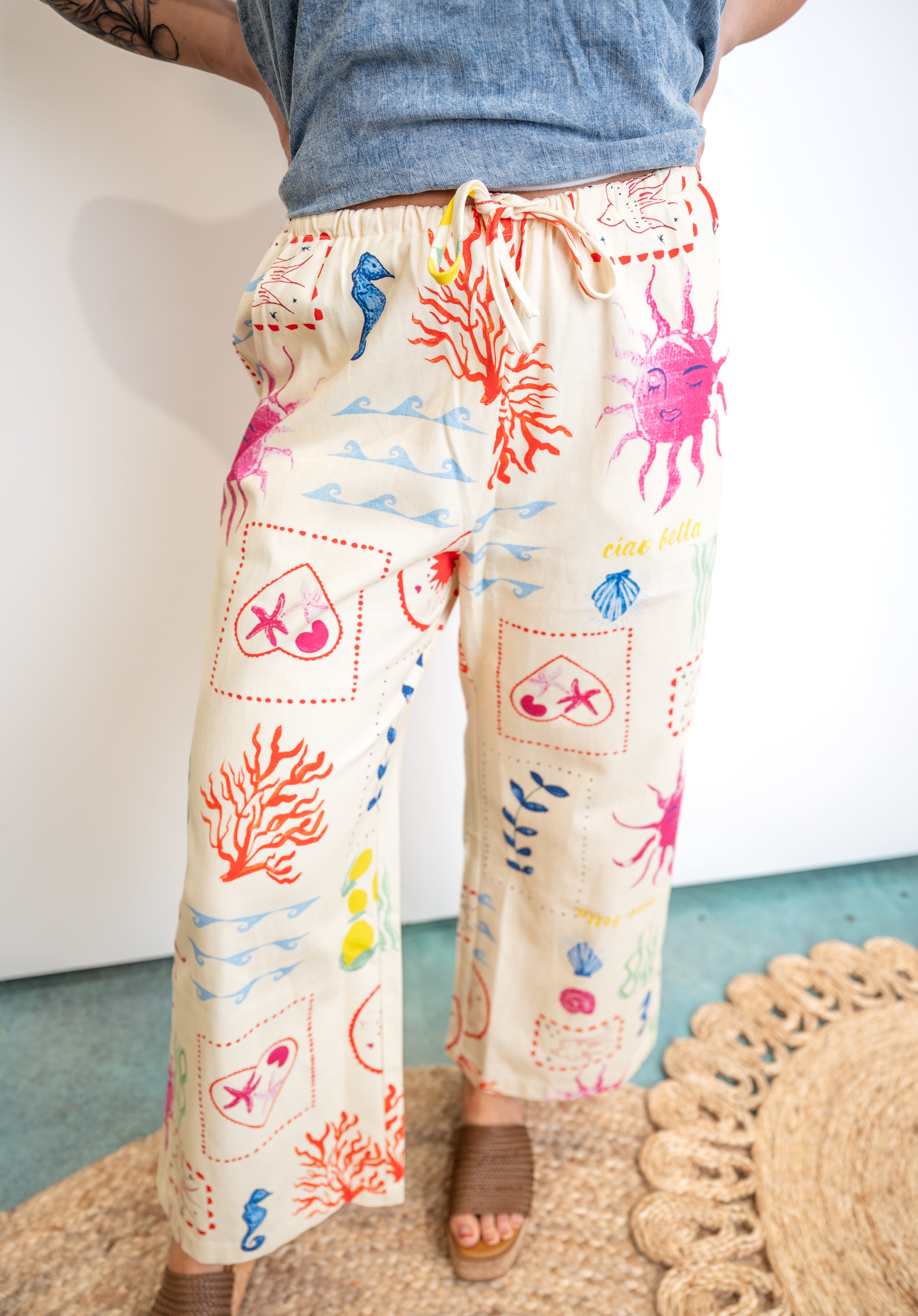 Coastal Print Denim Drawstring Wide-Leg Pants