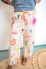 Coastal Print Denim Drawstring Wide-Leg Pants