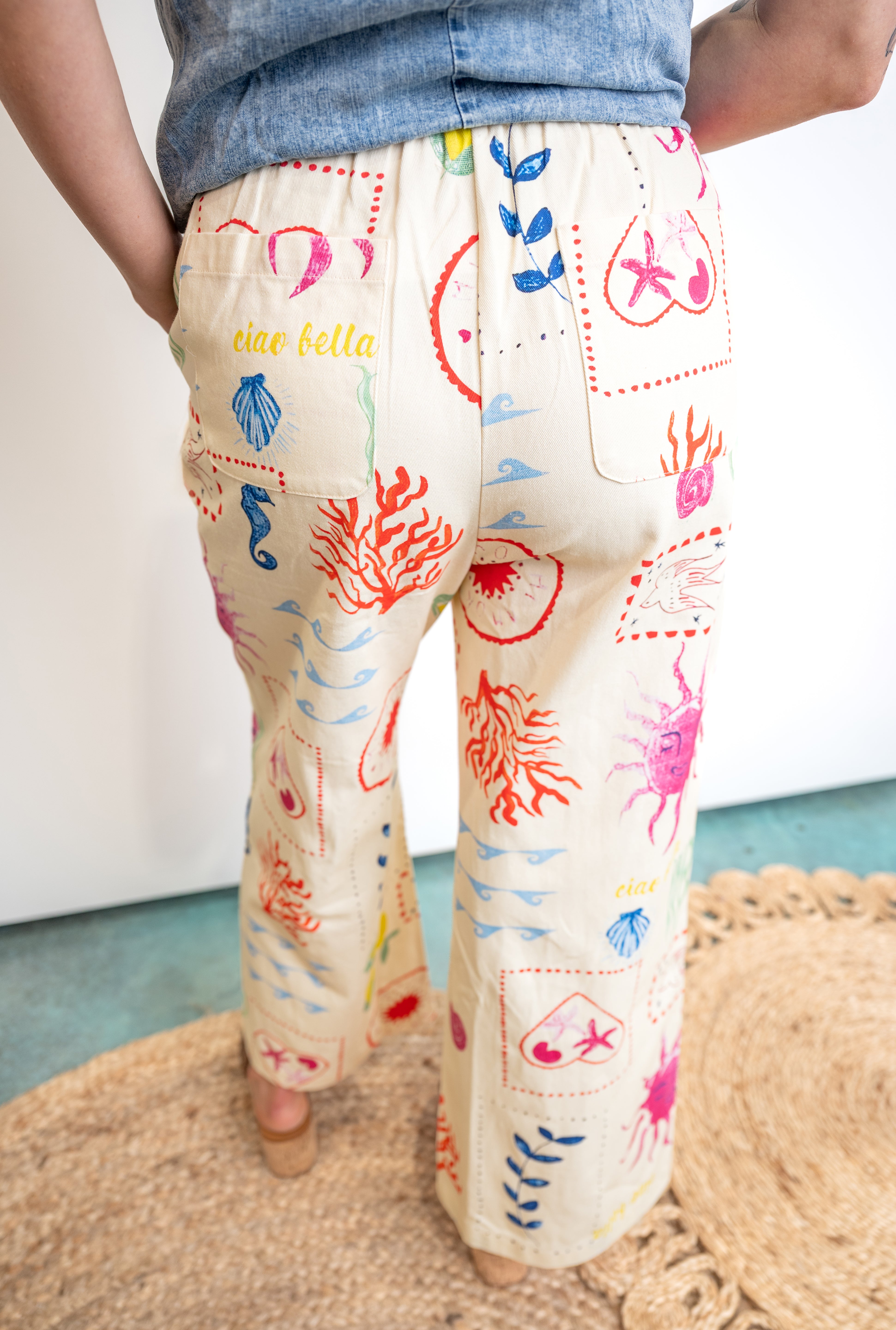 Coastal Print Denim Drawstring Wide-Leg Pants
