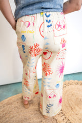 Coastal Print Denim Drawstring Wide-Leg Pants