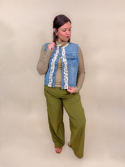 Contrast Waist Wide Leg Pants - Final Sale