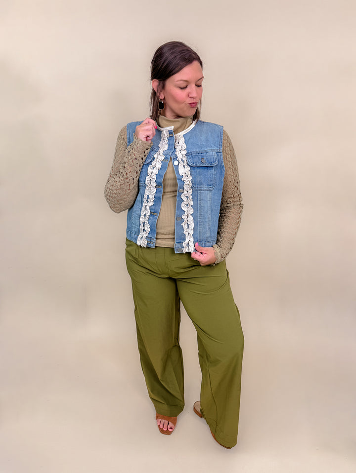 Contrast Waist Wide Leg Pants