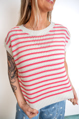Contrasting Stripes, Slightly Cropped Sleeveless Top - Pink