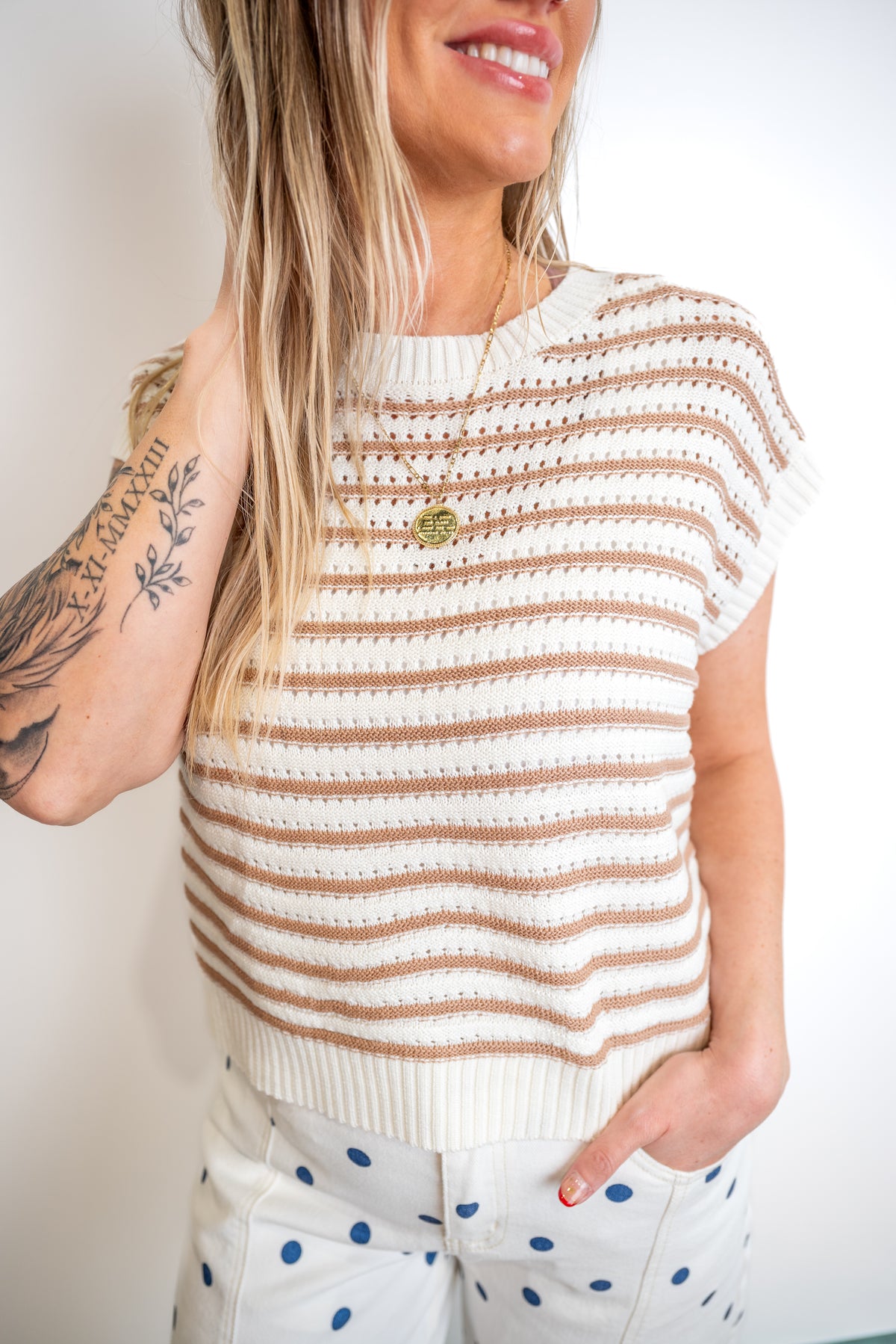 Contrasting Stripes, Slightly Cropped Sleeveless Top - Taupe - EOS Final Sale