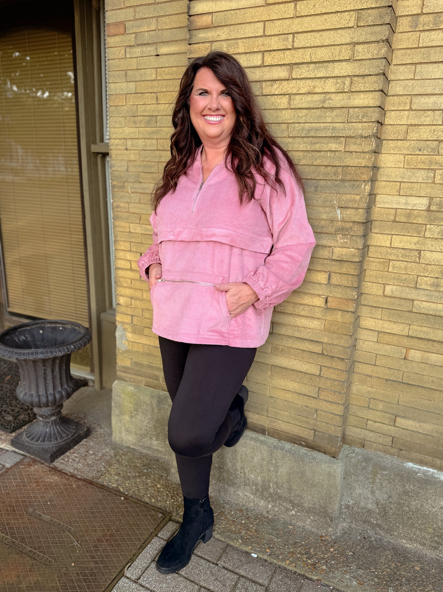 Corduroy Half Zip Hoodie, Kangaroo Pocket - Rose