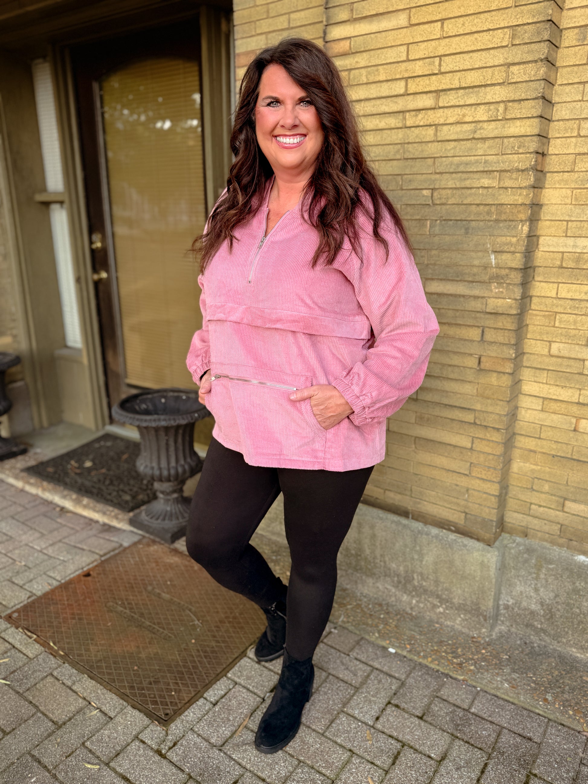 Corduroy Half Zip Hoodie, Kangaroo Pocket - Rose