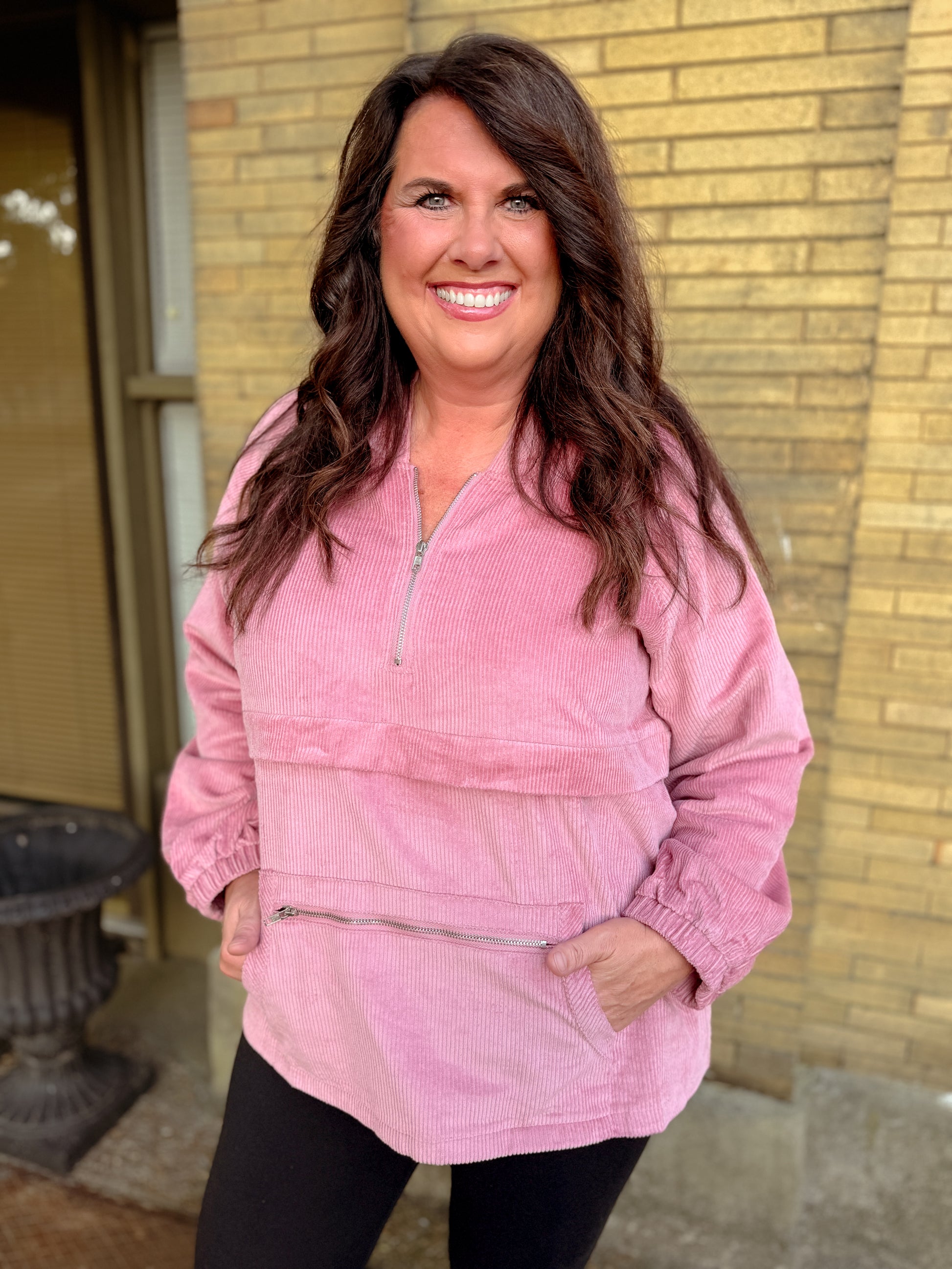 Corduroy Half Zip Hoodie, Kangaroo Pocket - Rose