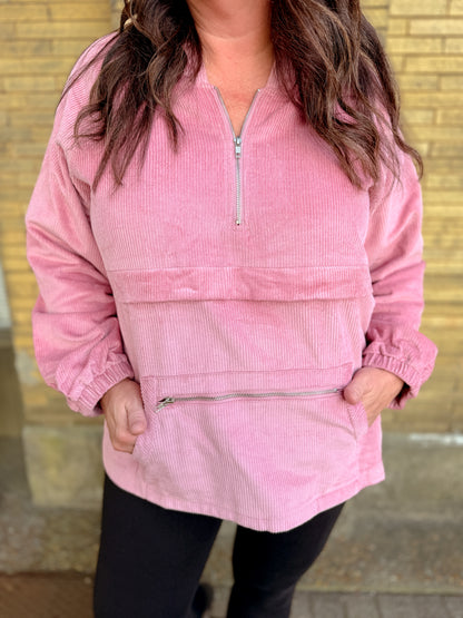 Corduroy Half Zip Hoodie, Kangaroo Pocket - Rose