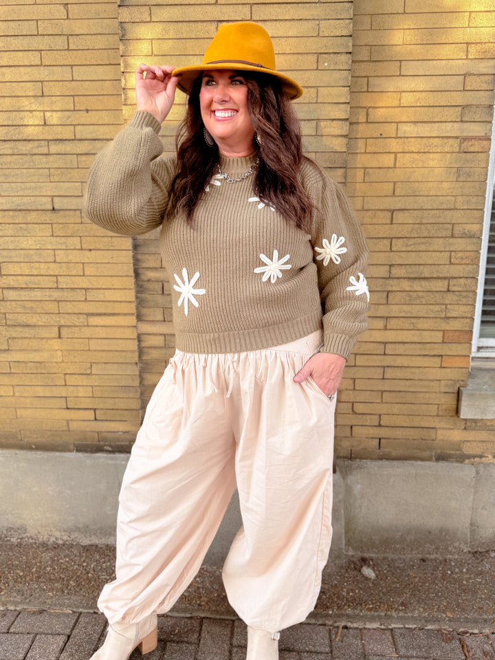 Cozy Ribbed Knit Textured Floral Patch Pullover Sweater