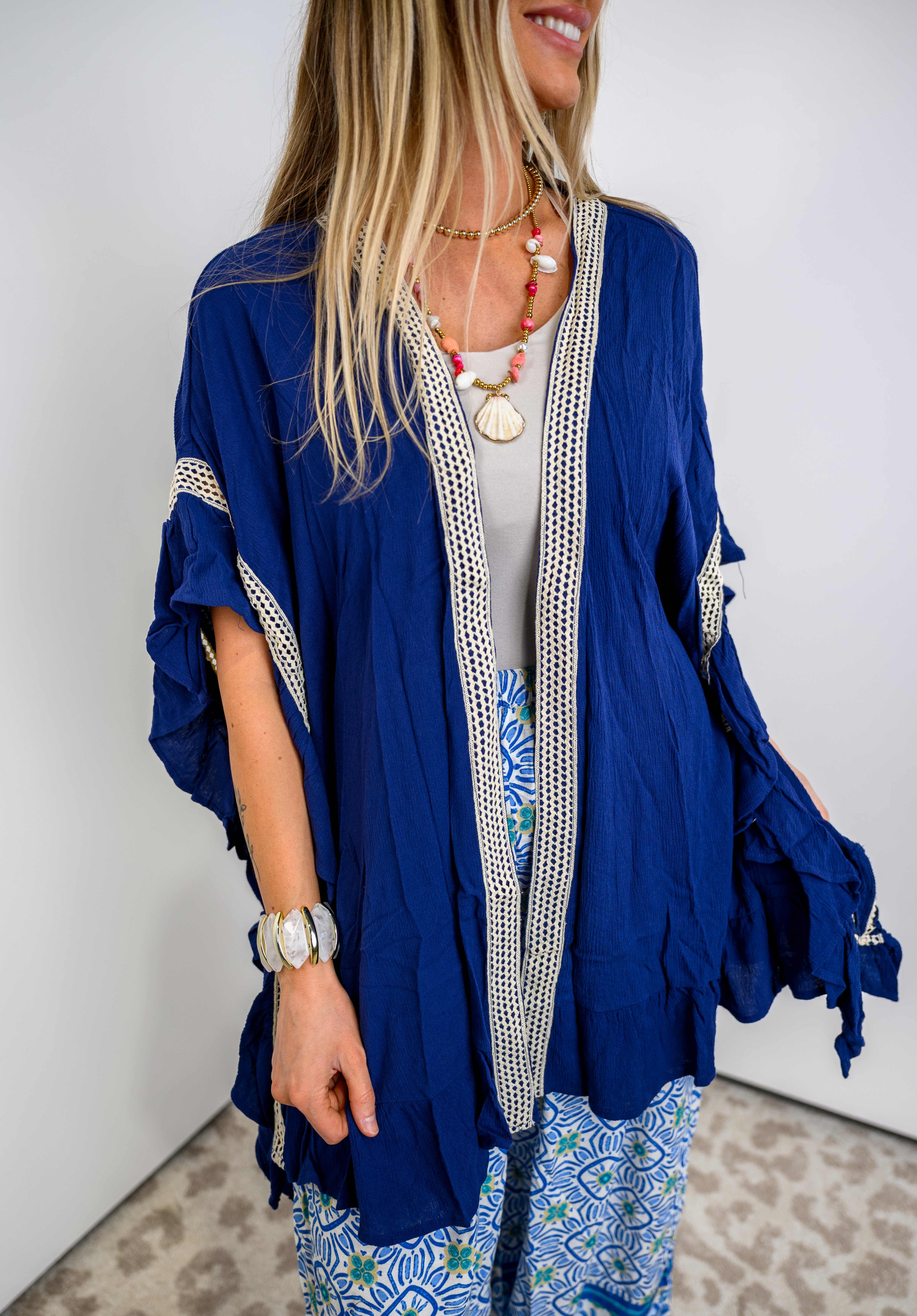 Crochet Bloom Kimono - Navy