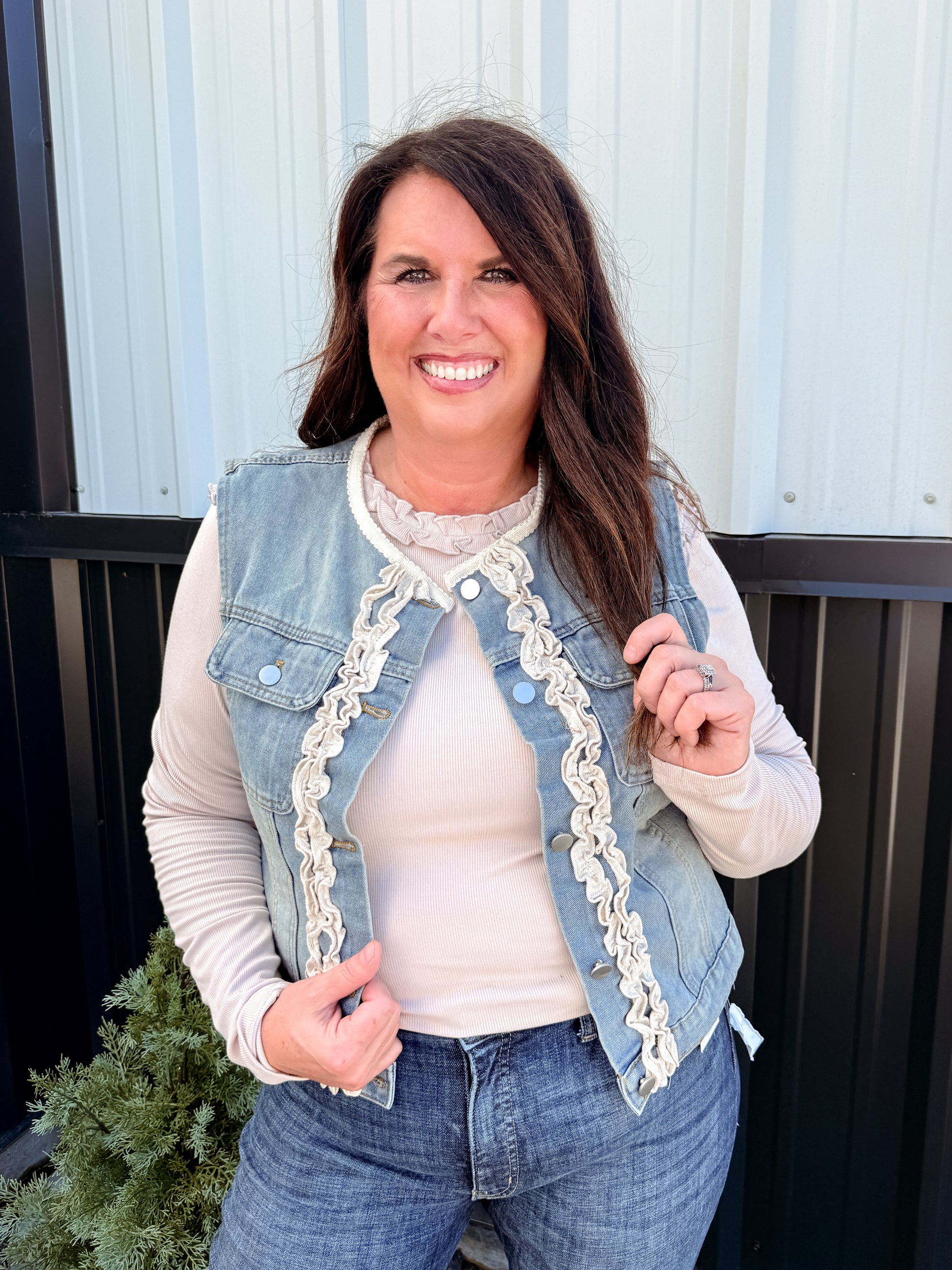 Cropped Denim Vest with Ivory Ruffle Trim