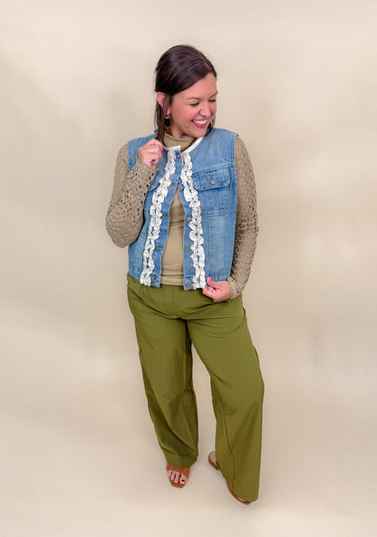 Cropped Denim Vest with Ivory Ruffle Trim - Final Sale