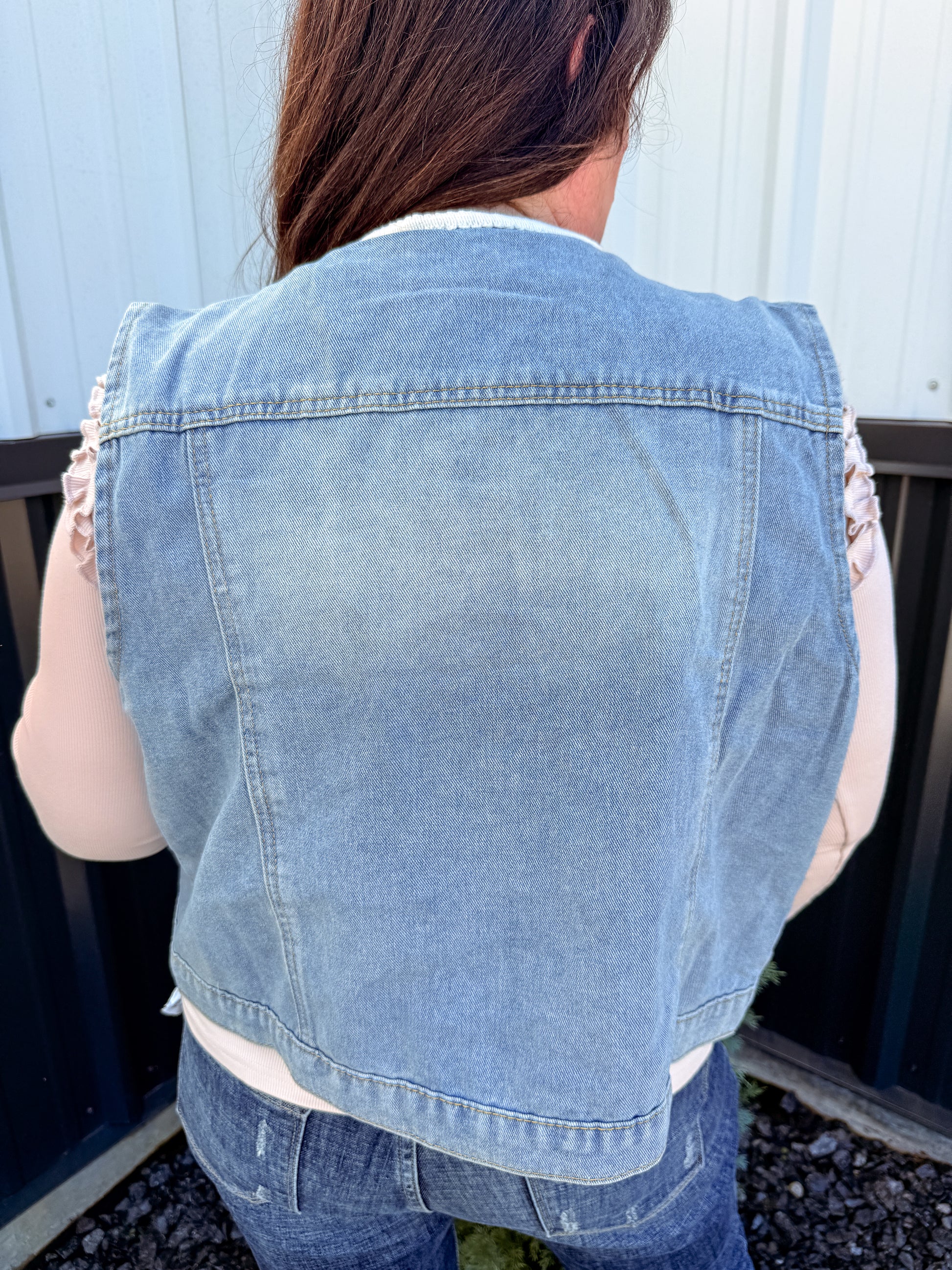 Cropped Denim Vest with Ivory Ruffle Trim