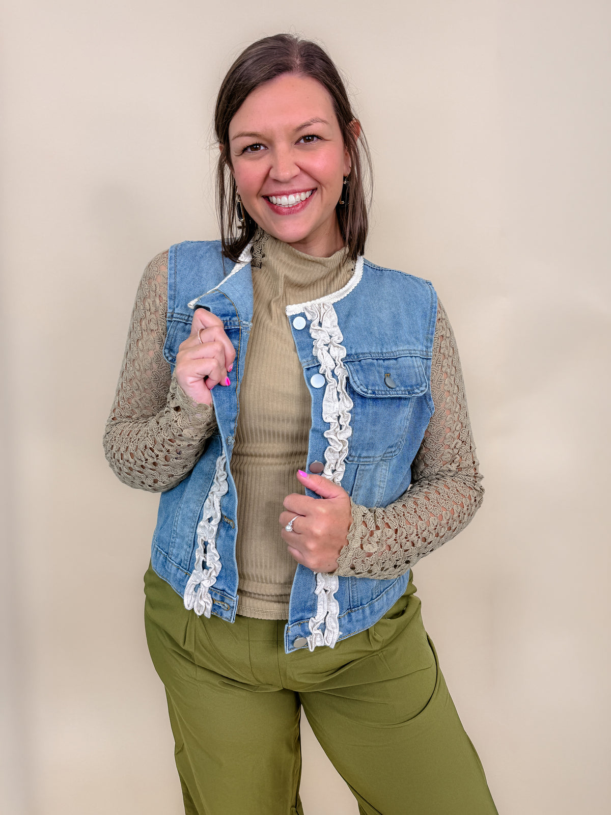 Cropped Denim Vest with Ivory Ruffle Trim - Final Sale