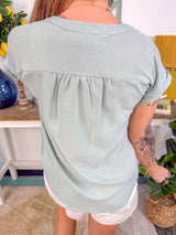 Cuffed Sleeve Button-Down Woven Top - Mint DOORBUSTER