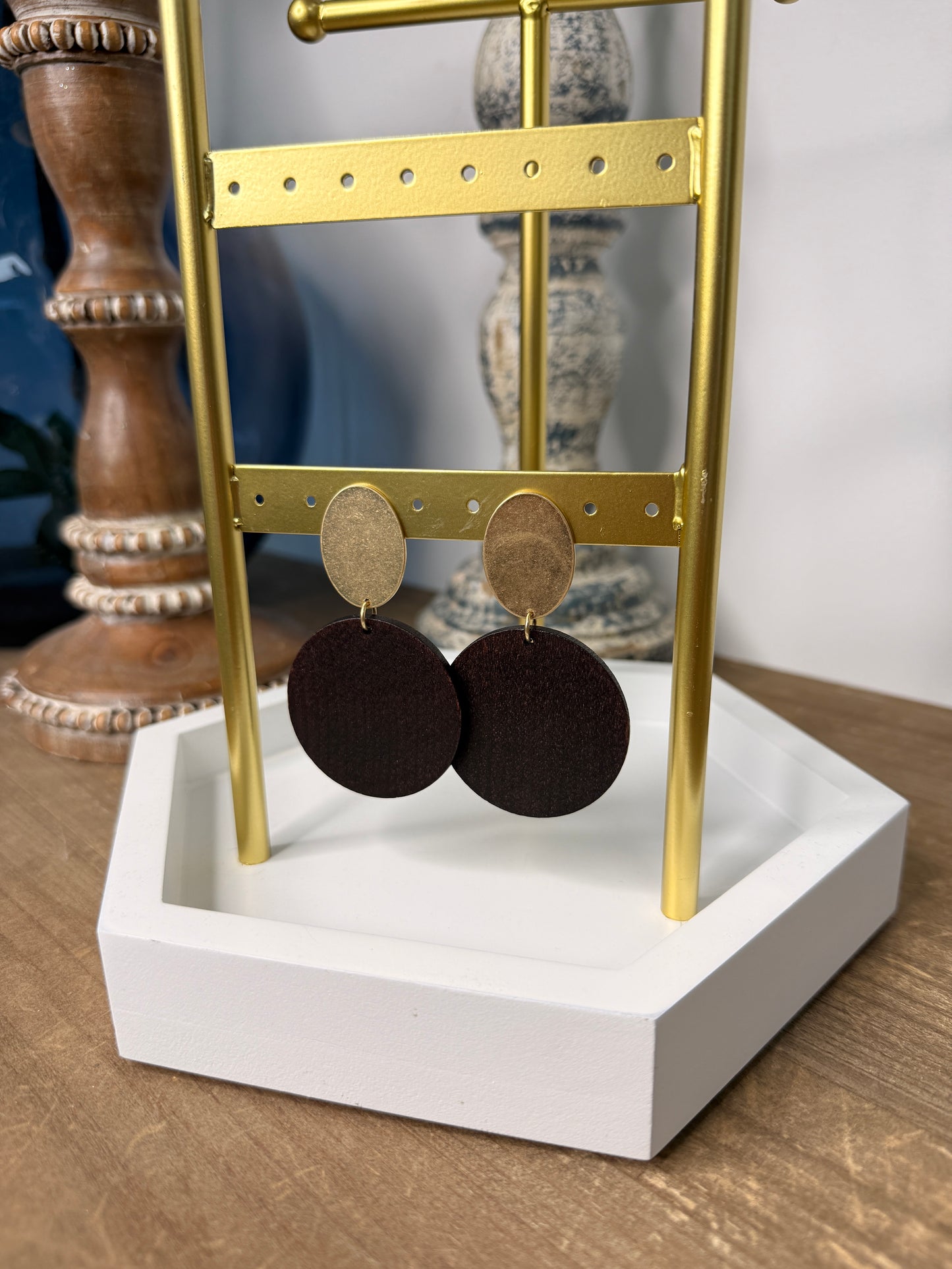 Wood Round Link Drop Earrings