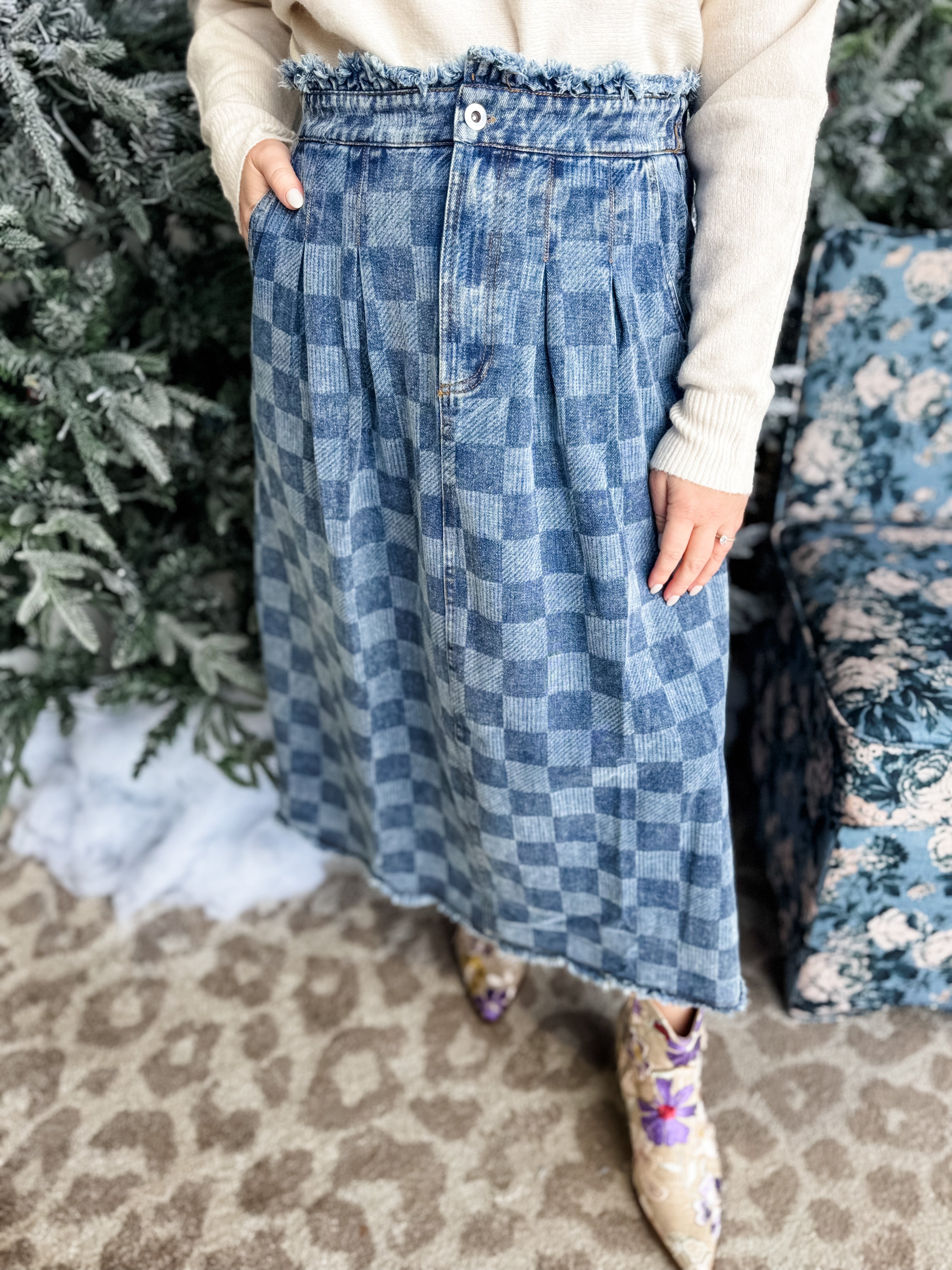 Check & Chill Denim Skirt