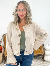 Luxe Vintage Gold Button Front Pocket Cardigan