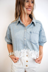 Denim Blouse With Lace Hem Detail