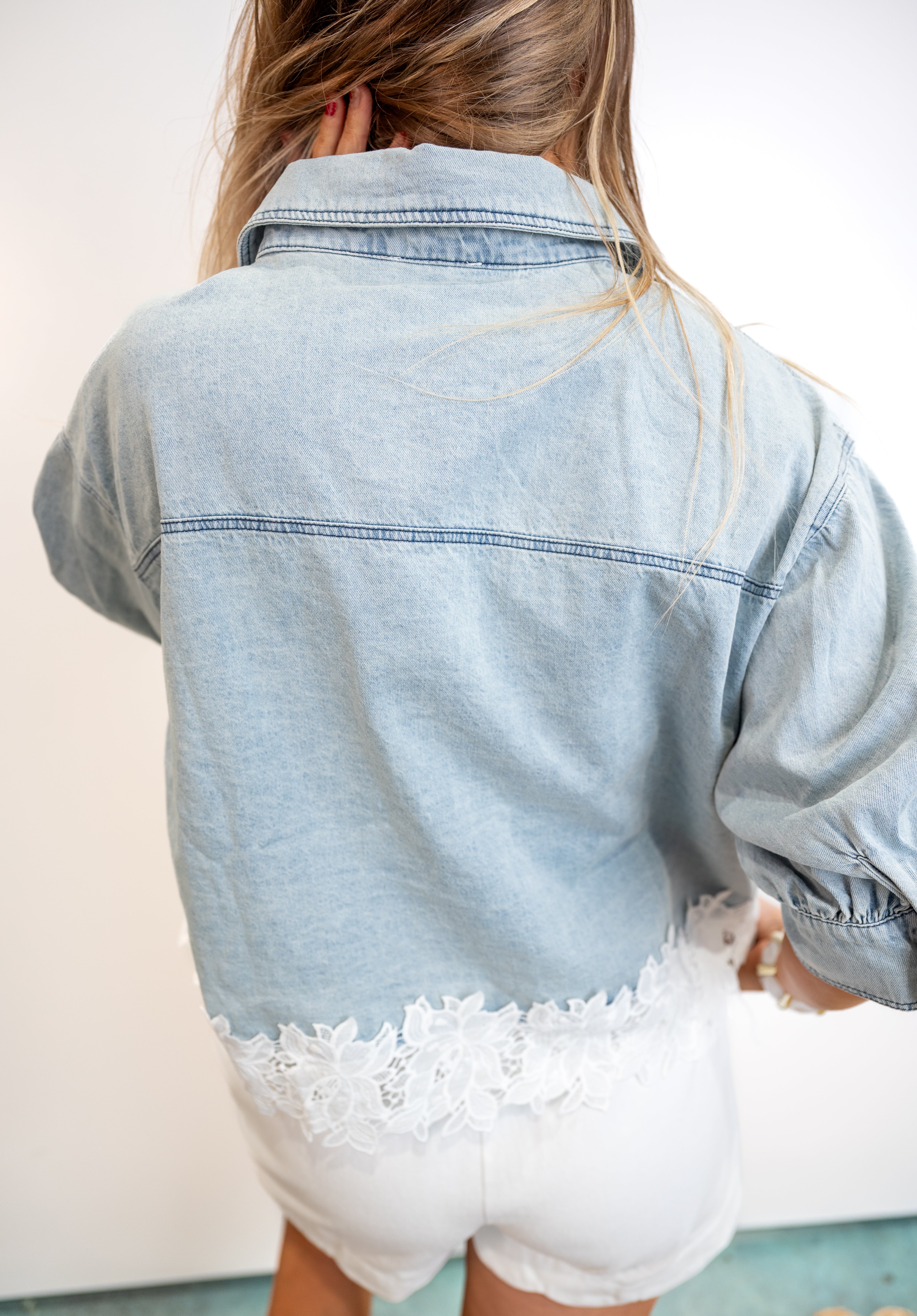 Denim Blouse With Lace Hem Detail
