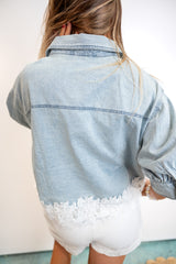 Denim Blouse With Lace Hem Detail