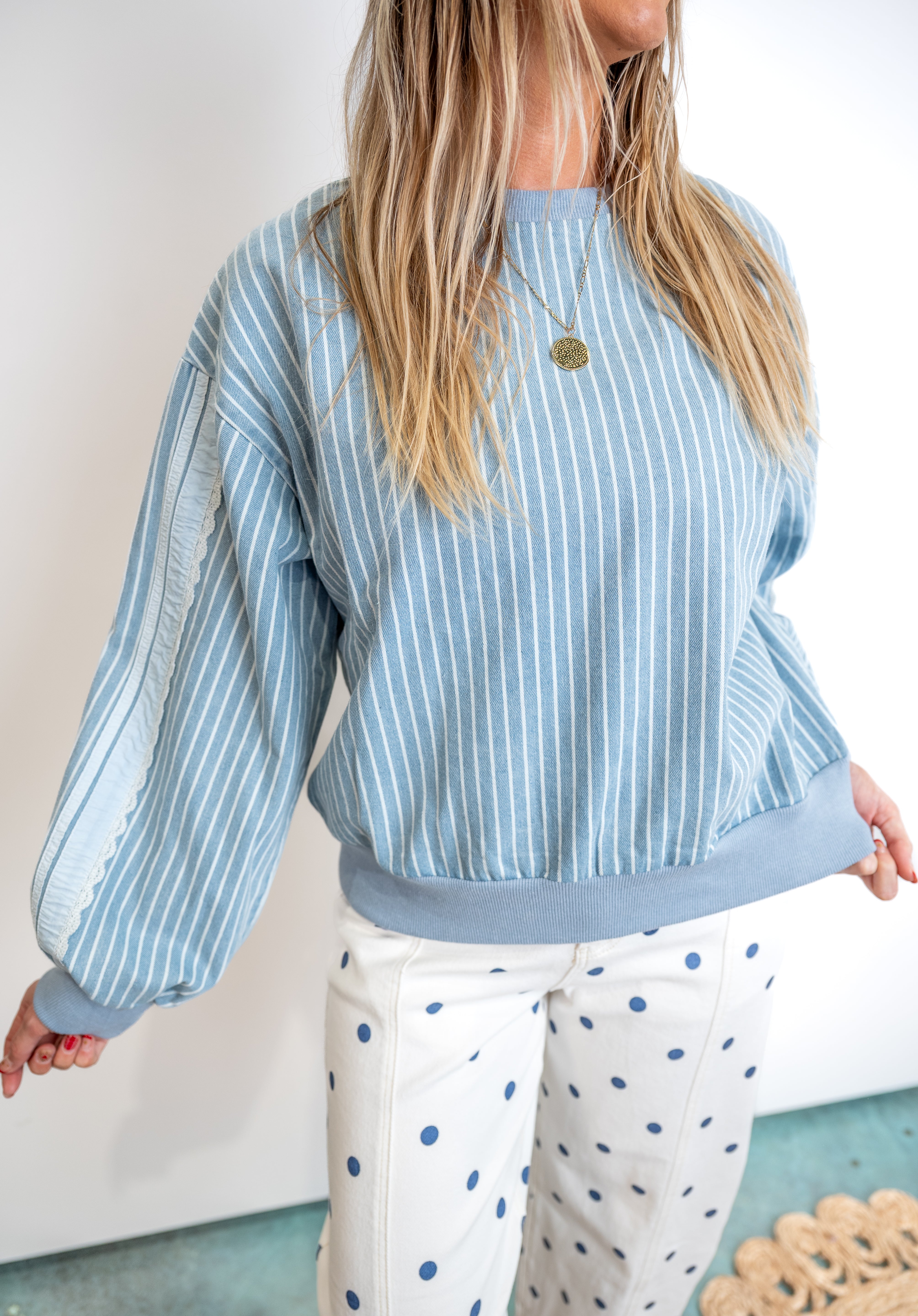 Denim Stripe Sweatshirt with Lace Sides