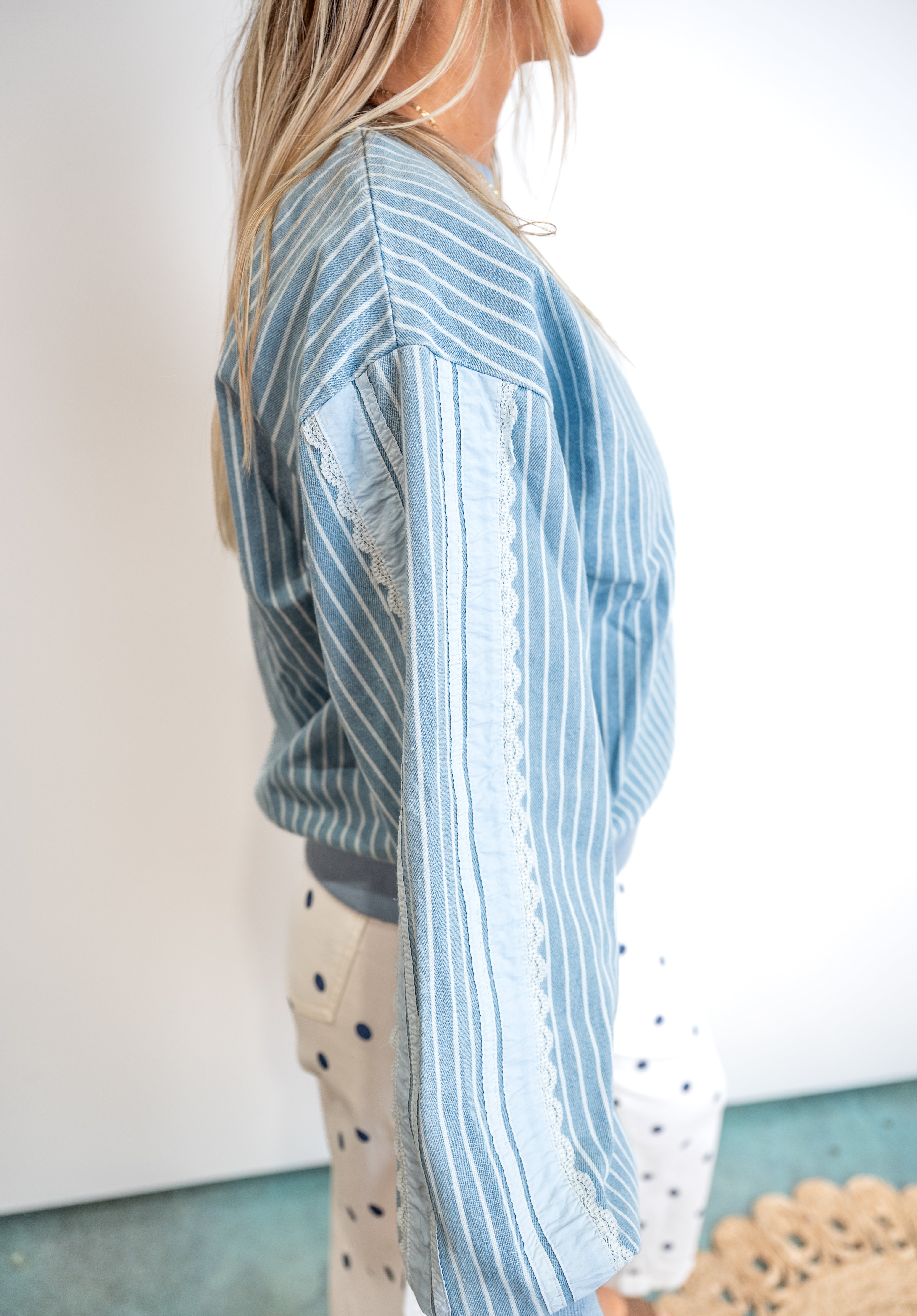 Denim Stripe Sweatshirt with Lace Sides