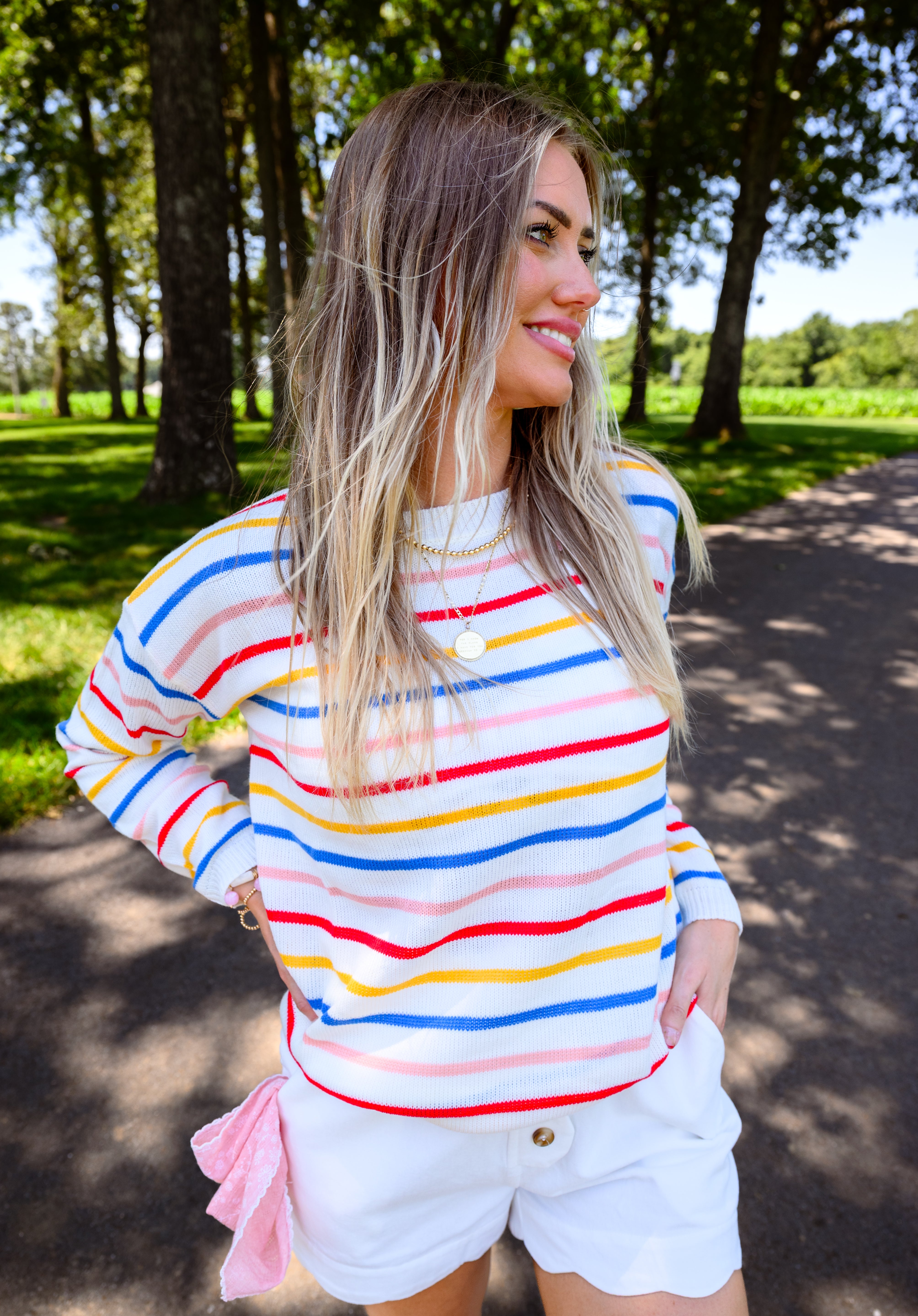 Drop Shoulder Multicolor Stripe Sweater