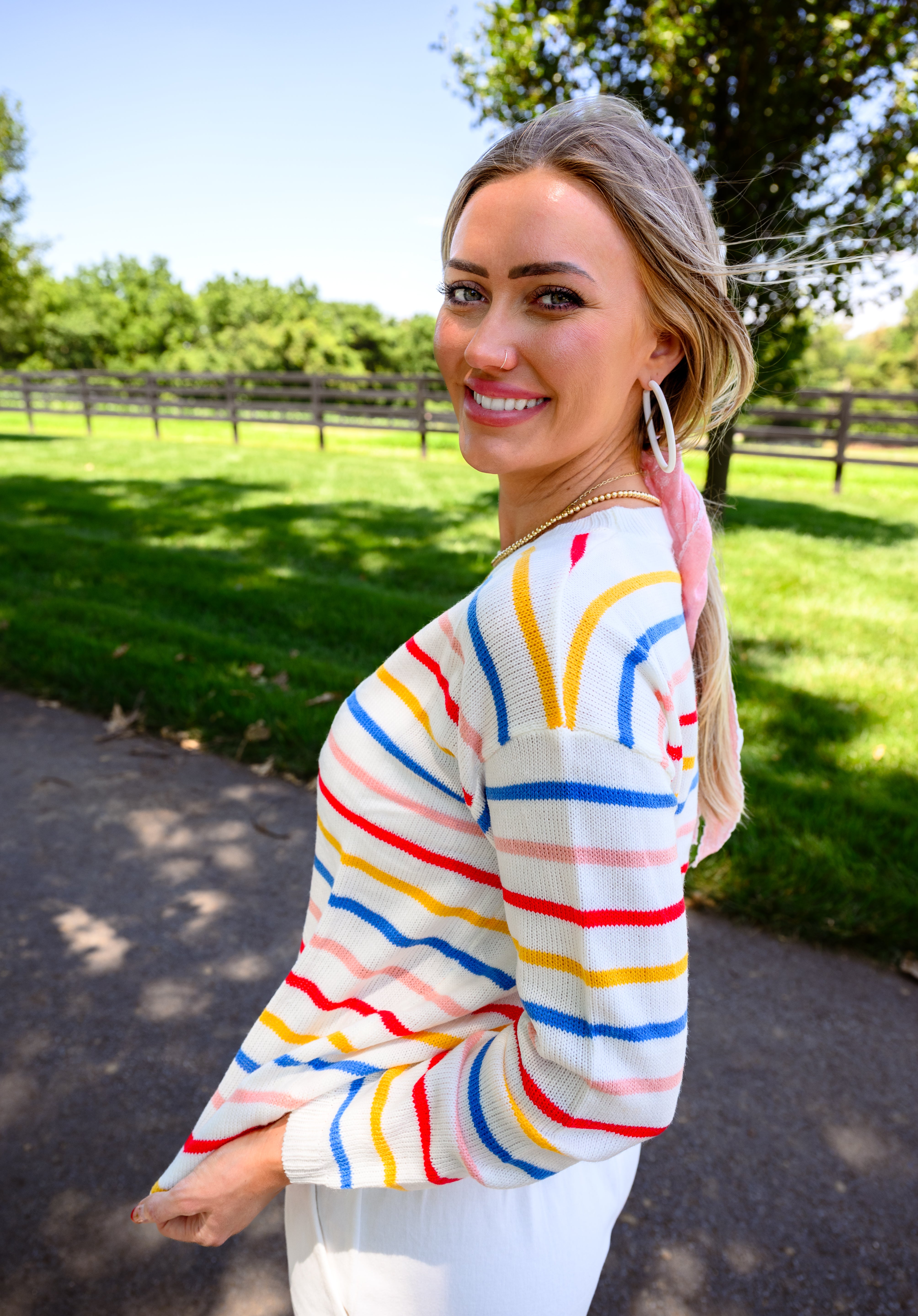 Drop Shoulder Multicolor Stripe Sweater