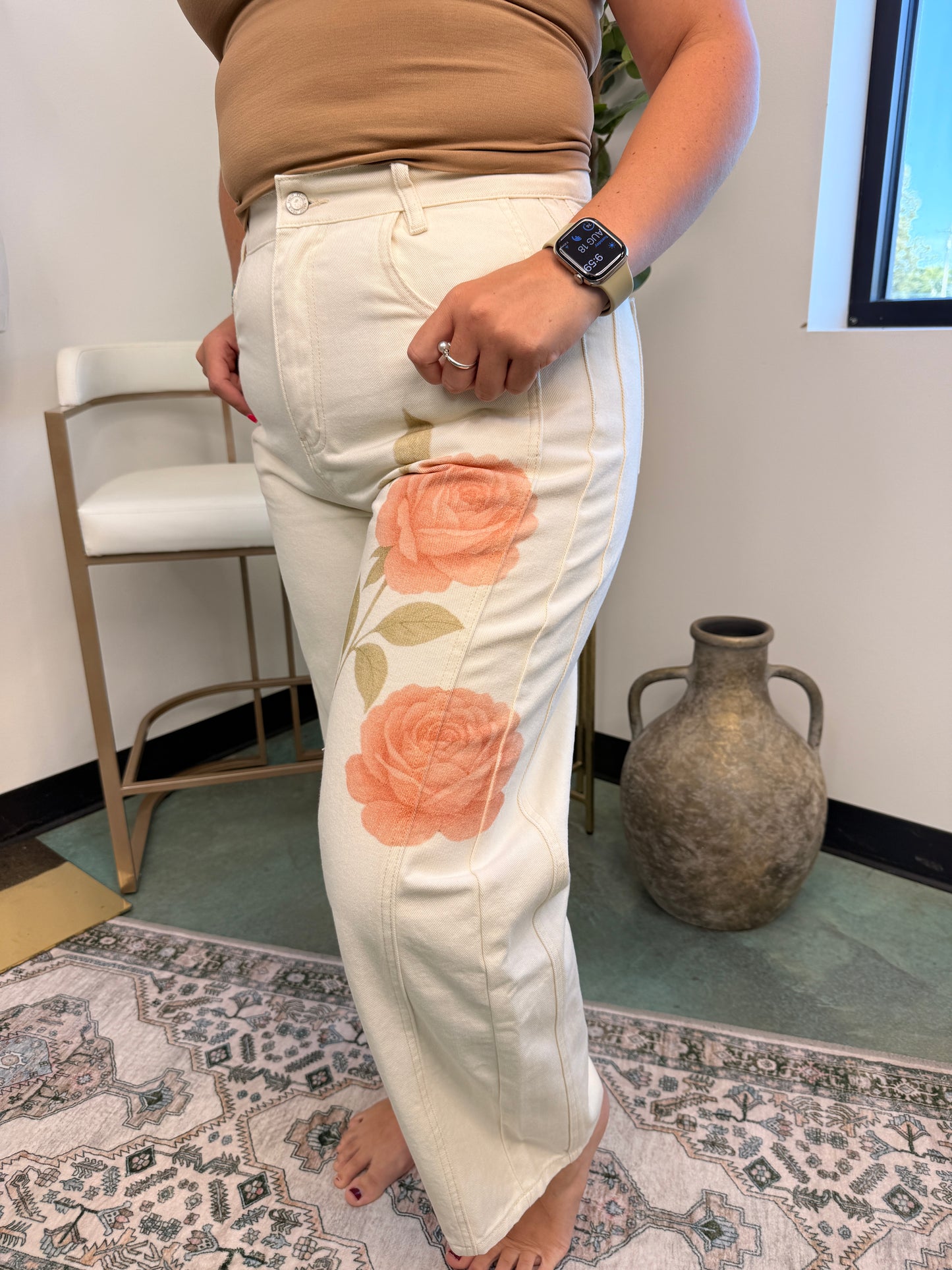 Floral Printed Denim Barrel Jeans