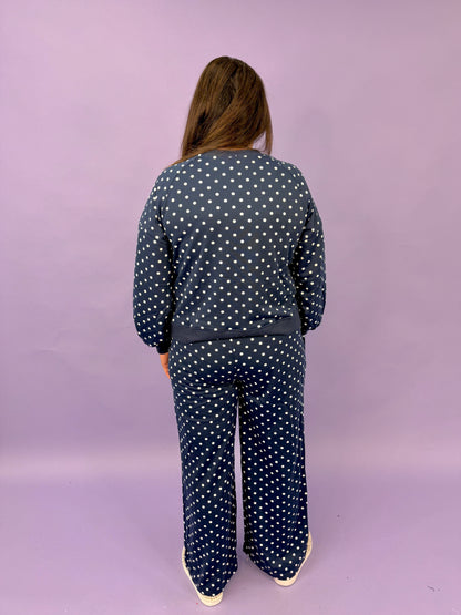 Polka Dot Long Sleeve Top Drawstring Wide Leg Pants Set