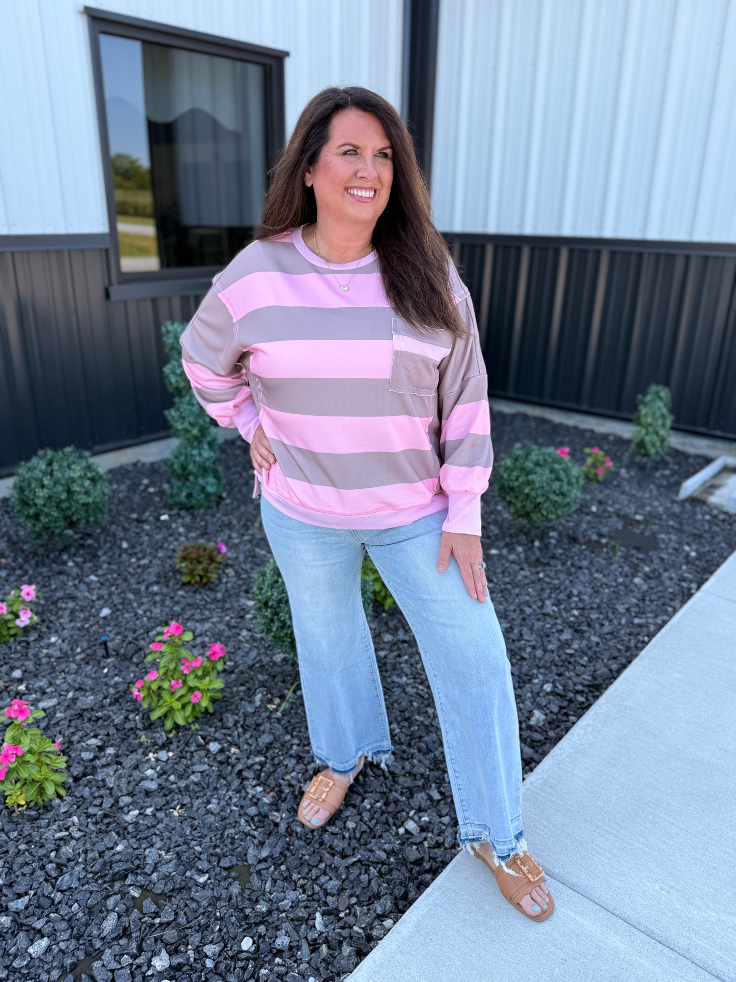 Patch Pocket Split Hem Oversized Long Sleeve Sweatshirt