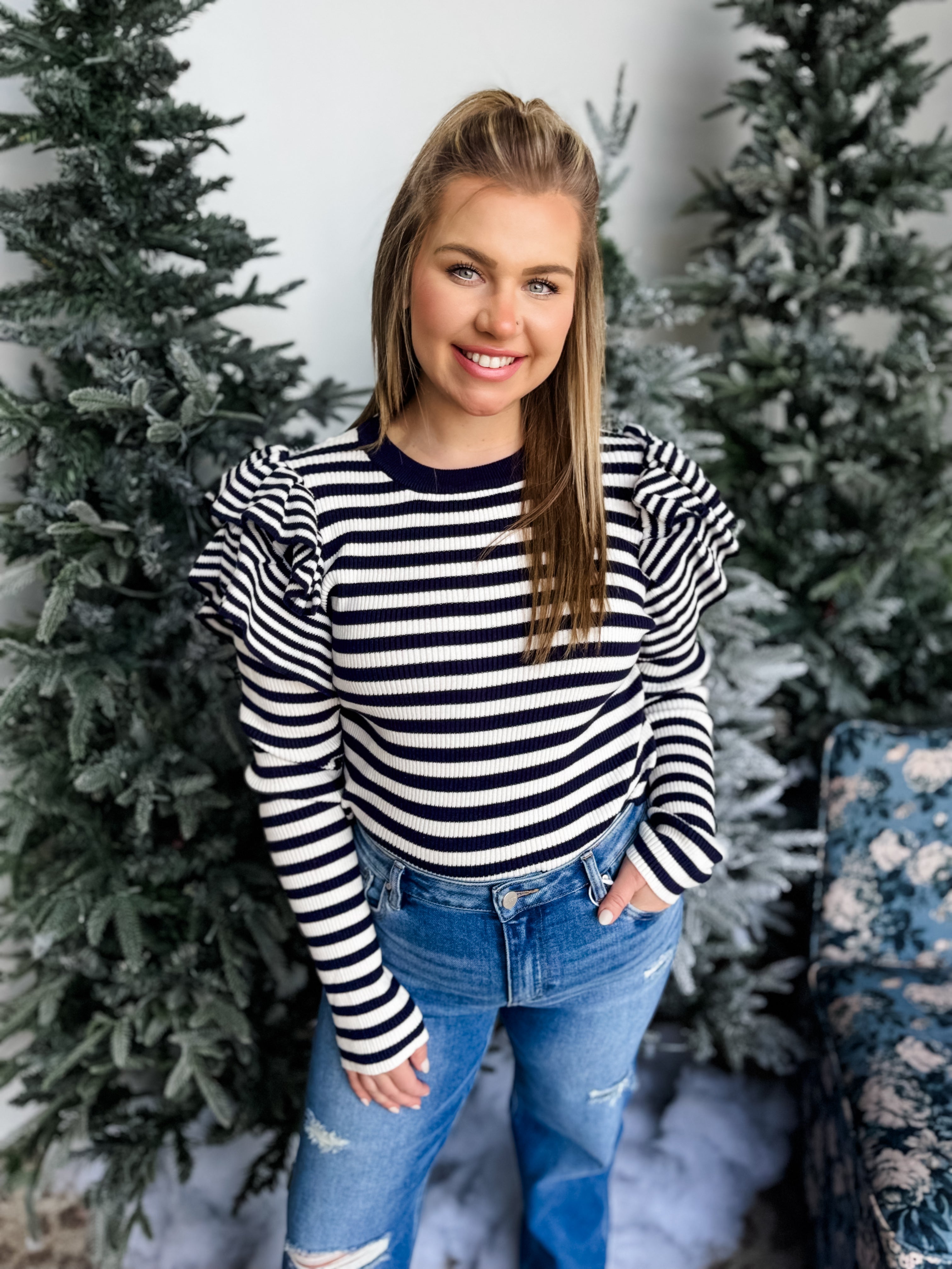 Chic Drift Ruffle Stripe Top - Navy