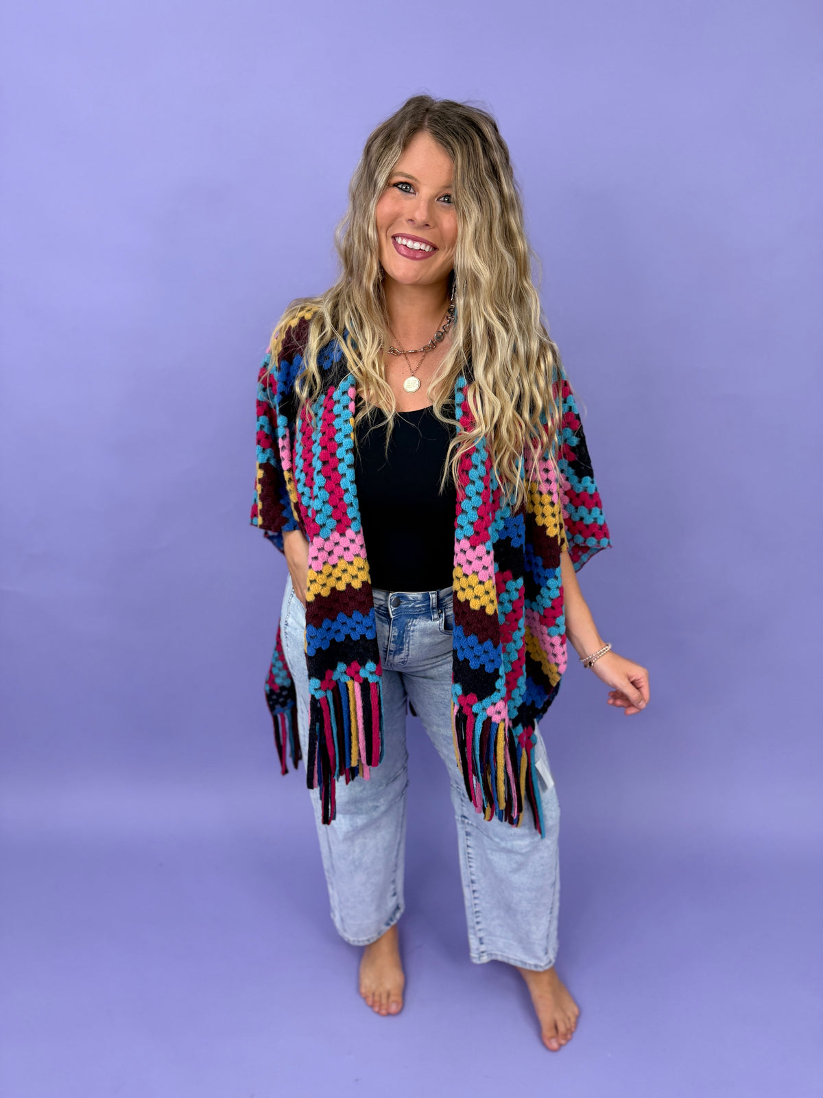 Multi Colorful 3D Textured Geometric Fringe Ruana Cardigan
