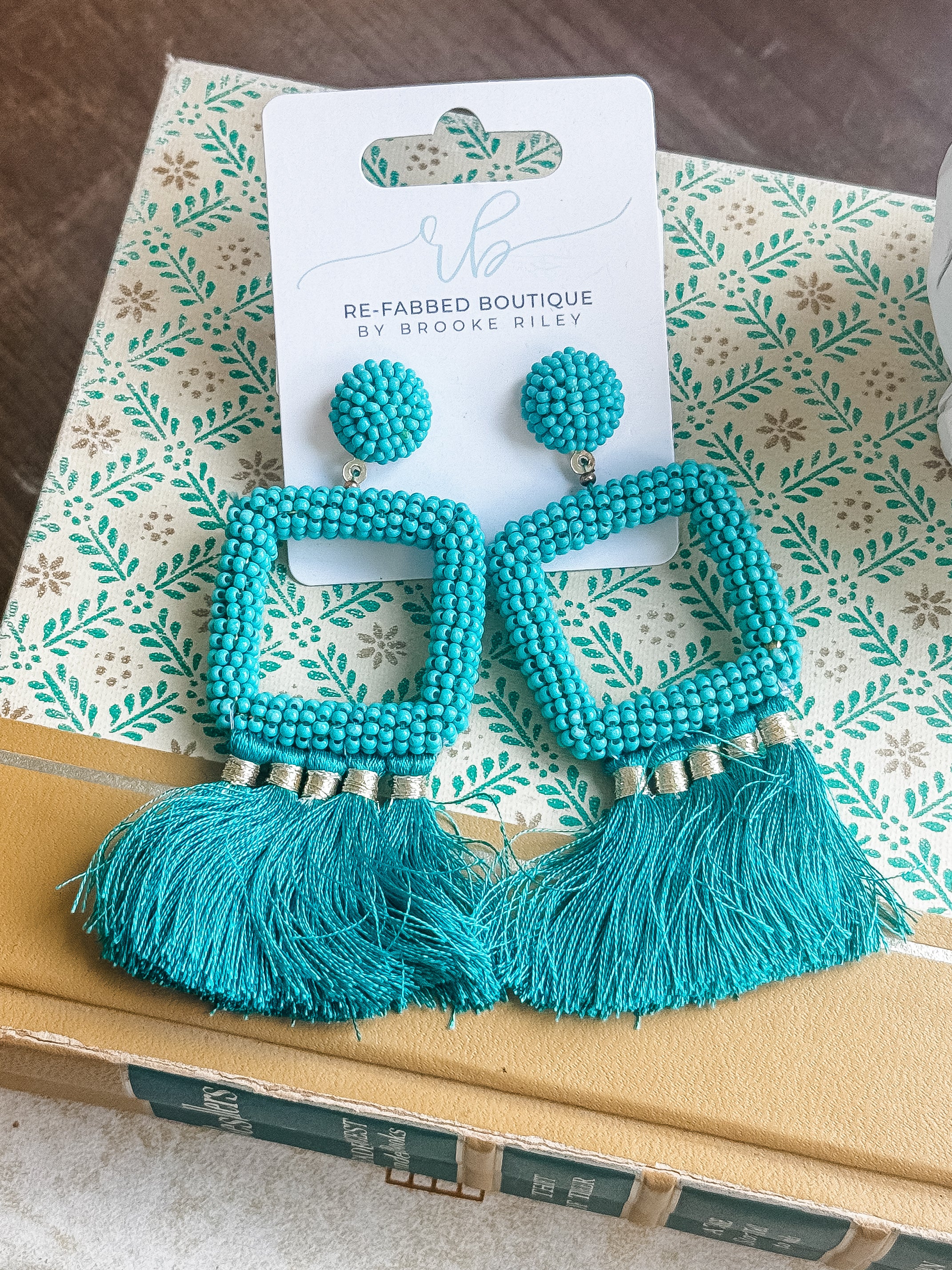 Seed Bead Square Tassel Earring - Teal