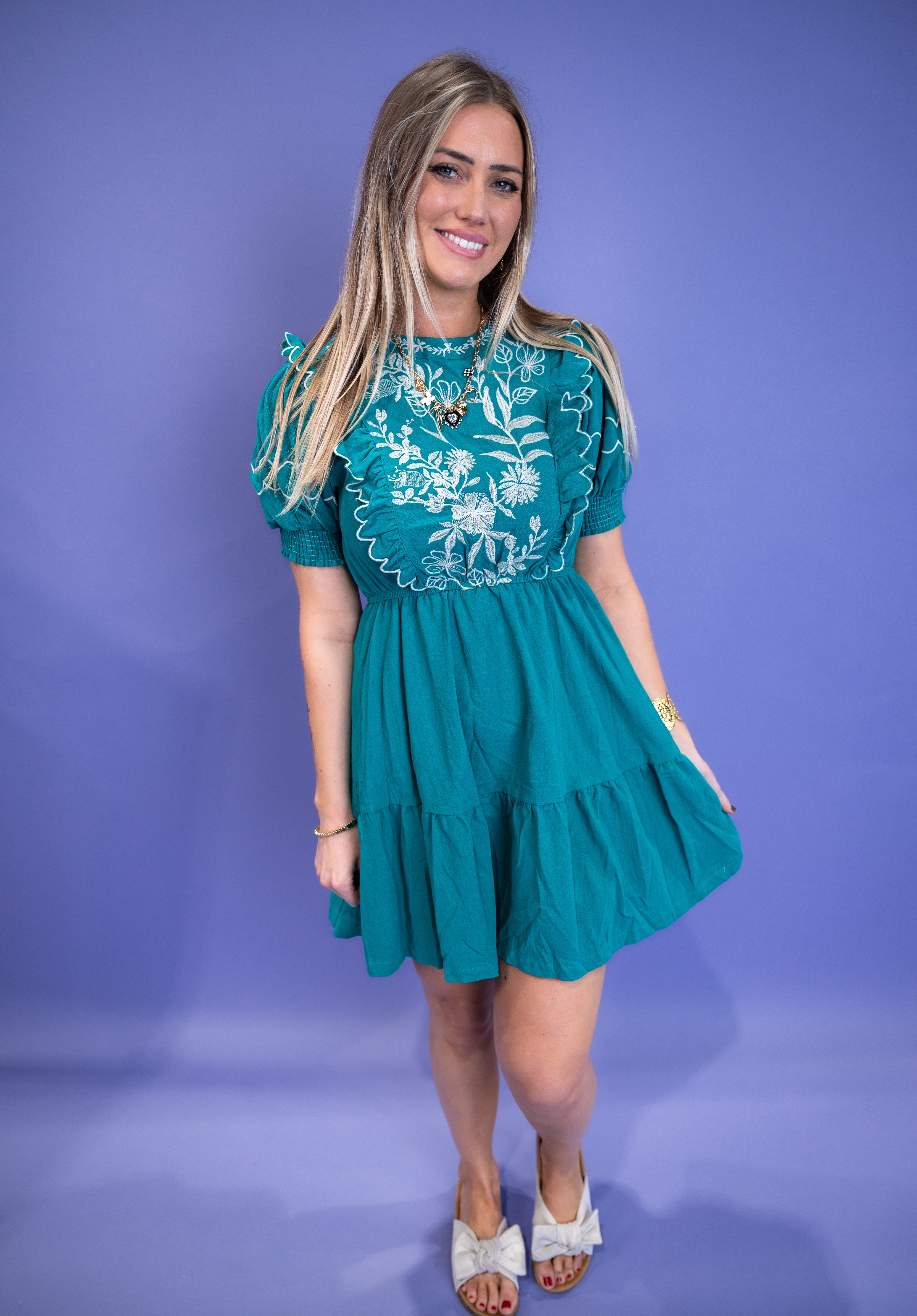 Embroidered Round Neck Mini Dress - Jade