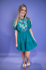 Embroidered Round Neck Mini Dress - Jade