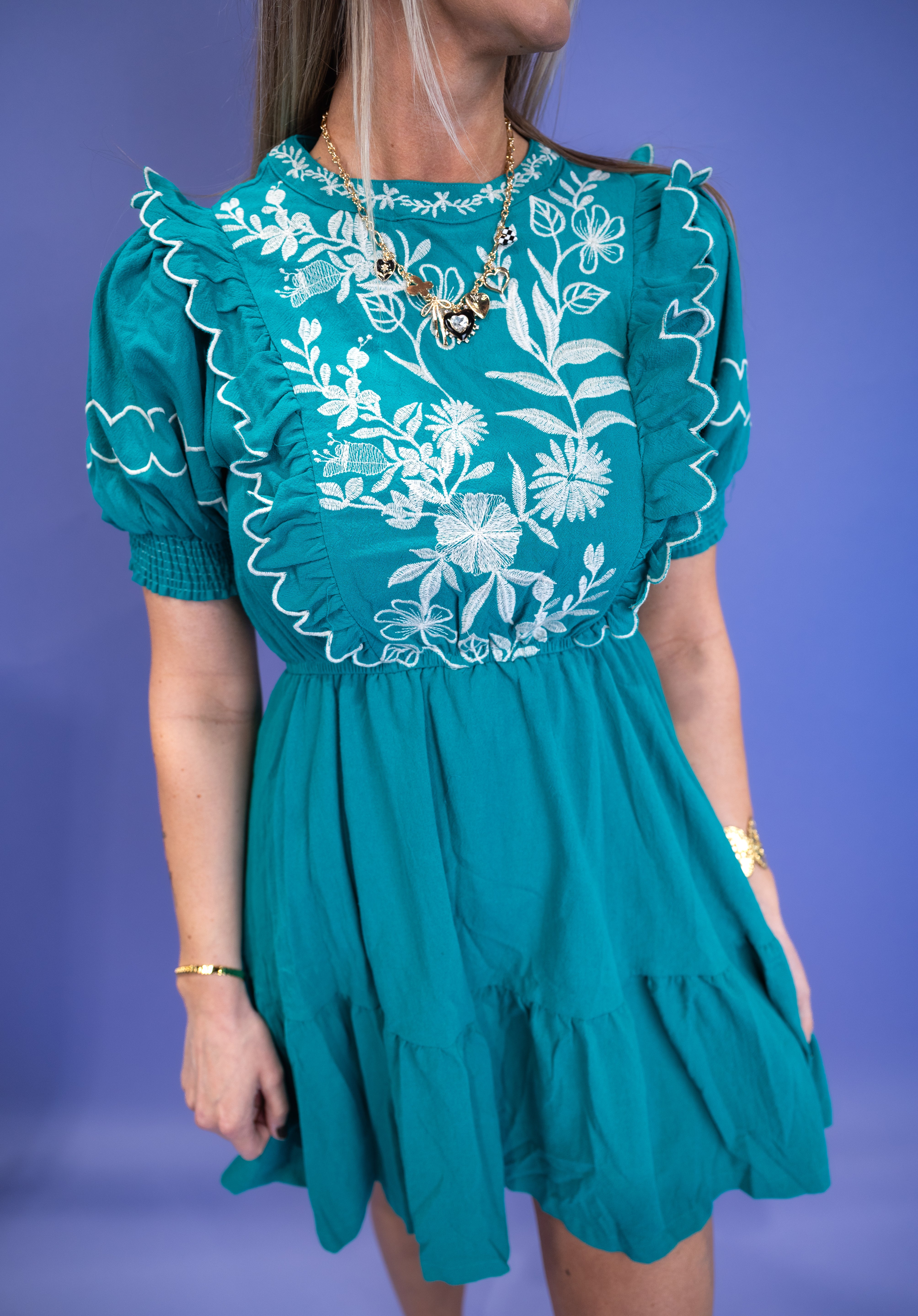 Embroidered Round Neck Mini Dress - Jade
