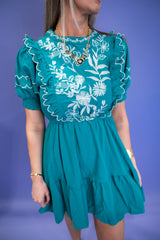 Embroidered Round Neck Mini Dress - Jade