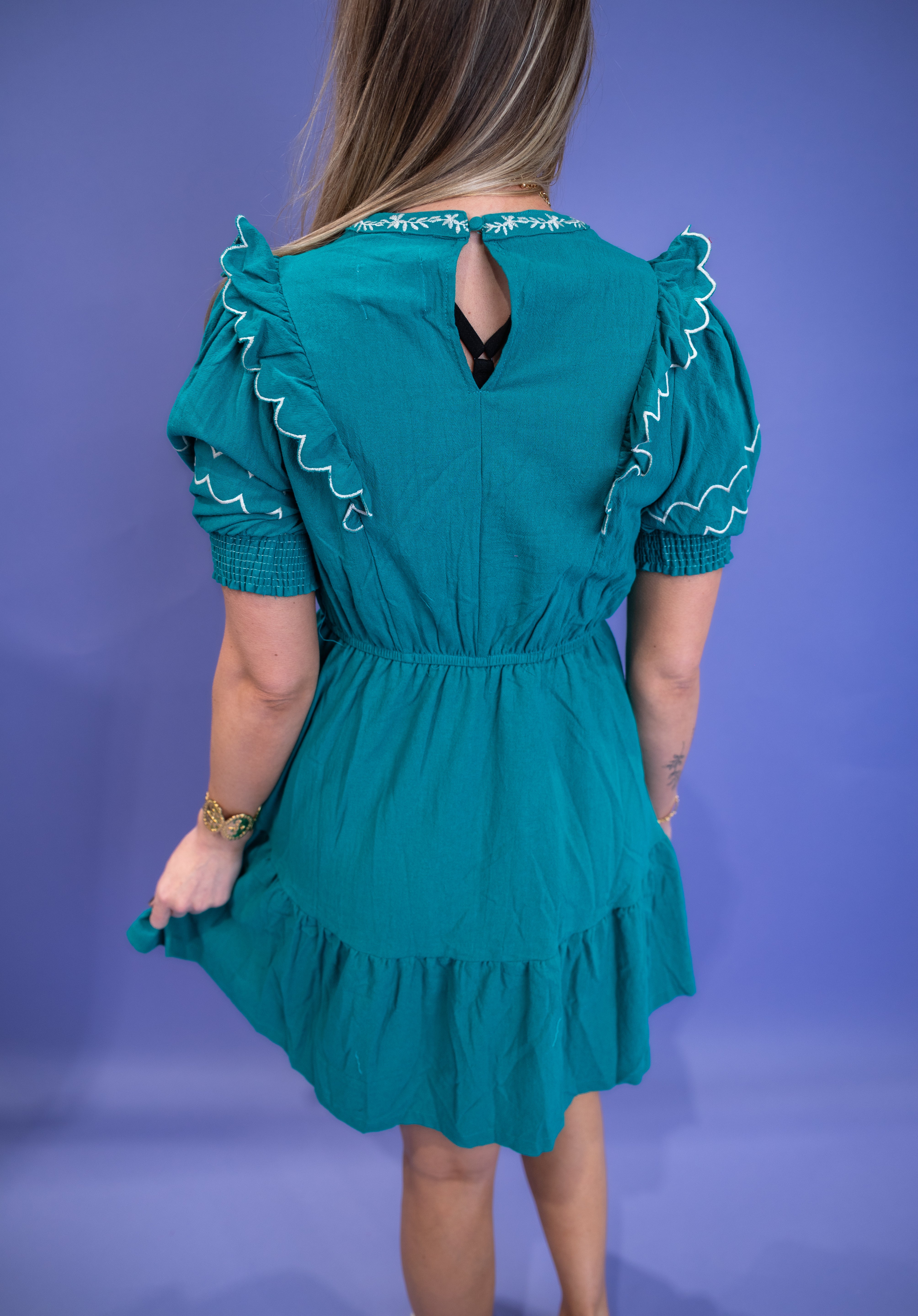 Embroidered Round Neck Mini Dress - Jade
