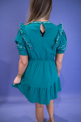 Embroidered Round Neck Mini Dress - Jade