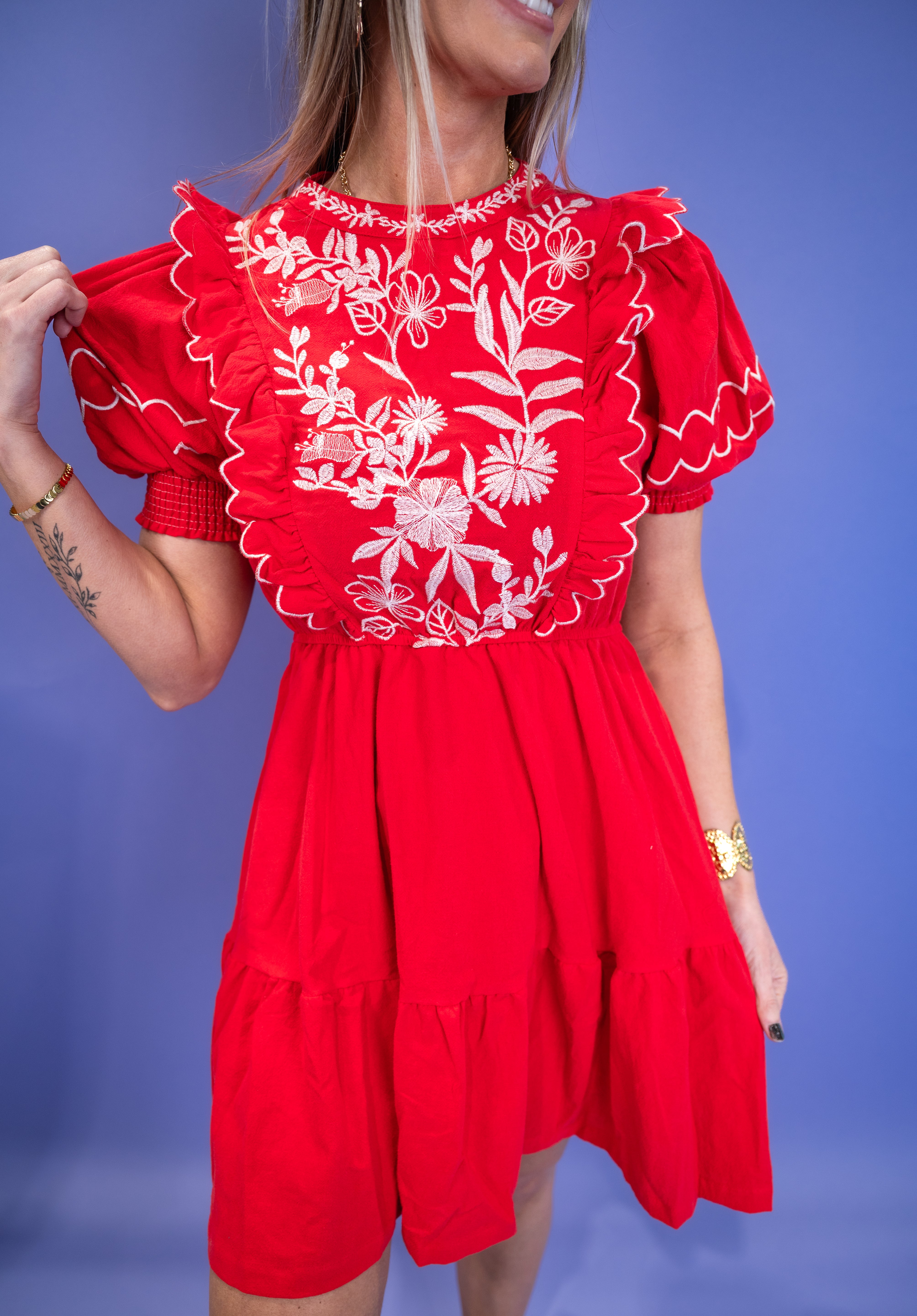 Embroidered Round Neck Mini Dress - Red