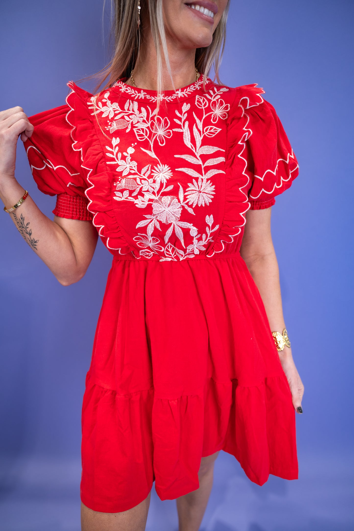 Embroidered Round Neck Mini Dress - Red *Final Sale*
