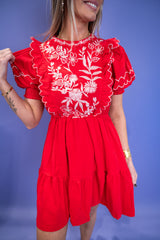 Embroidered Round Neck Mini Dress - Red