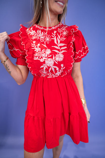 Embroidered Round Neck Mini Dress - Red *Final Sale*