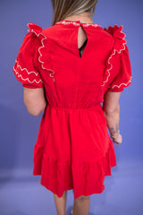 Embroidered Round Neck Mini Dress - Red